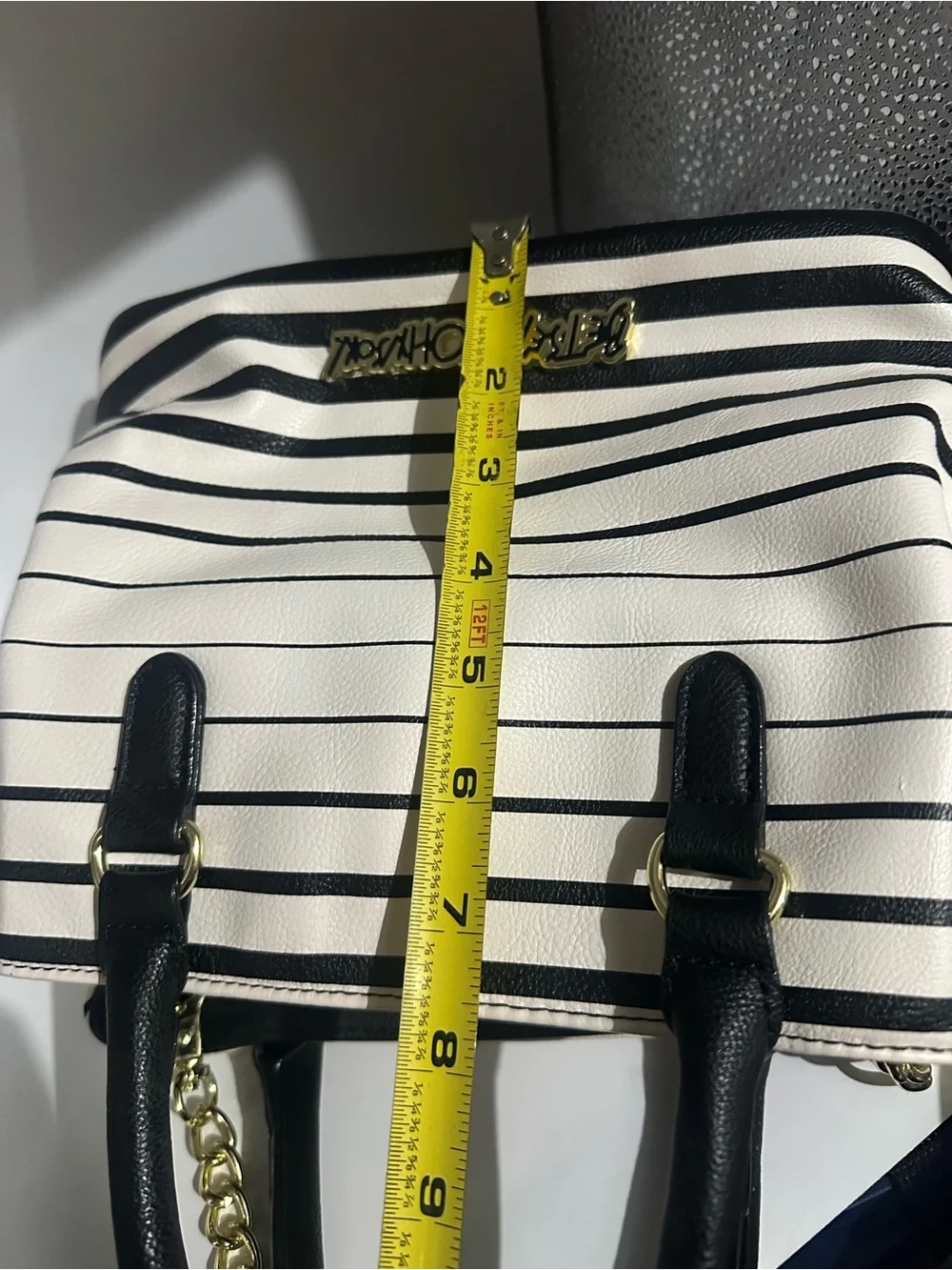 Betsey Johnson Black and White Striped Satchel with Hot Pink Bow